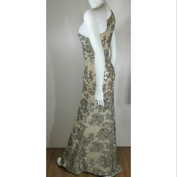 Vince Camuto Metallic Floral Sequin One-shoulder Gown, Womens Size 2 - Picture 4 of 6